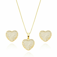 Conjunto Coração Colar E Brinco Gargantilha Folheado A Ouro