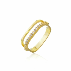 Anel Quadrado Duplo Cravejado e Liso Folheado a Ouro 18k