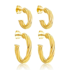 Brincos Duas Argolas 1 E 2 Furo torcido Folheado A Ouro 18k
