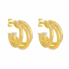 Brinco de Argola Tripla Tubo Liso Folheado a Ouro 18k