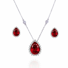 Conjunto Colar Brinco Gota Vermelho Rubi Banhado Ouro Branco