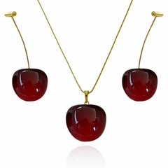 Conjunto Brinco e Colar De Cereja Gargantilha Banhado Ouro 18k