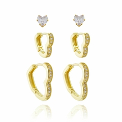 Trio Argolas Coração Cravejadas Brincos Banhados Ouro 18k
