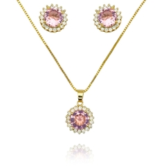 Conjunto De Colar E Brinco Cravejado Quartzo Rosa E Cristal
