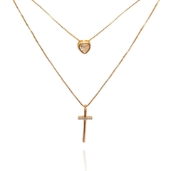 Colar Duplo De Coração E Crucifixo Cravejados Banhado a Ouro