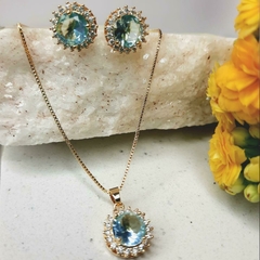 Conjunto Brinco E Colar Cravejado Azul Marinha E Cristal - ZIARO 