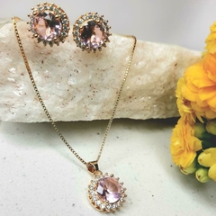 Conjunto De Colar E Brinco Cravejado Quartzo Rosa E Cristal - ZIARO 