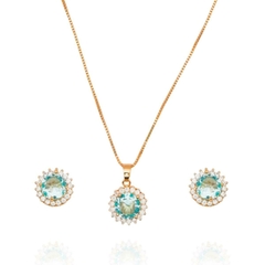 Conjunto Brinco E Colar Cravejado Azul Marinha E Cristal