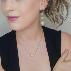 Conjunto Colar De Pérola E Brinco Longo Folheado A Ouro 18k - ZIARO 