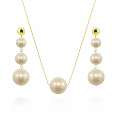 Conjunto Colar De Pérola E Brinco Longo Folheado A Ouro 18k