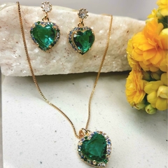 Conjunto Colar E Brinco De Coração Cravejado Turmalina Verde - ZIARO 