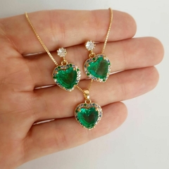 Imagem do Conjunto Colar E Brinco De Coração Cravejado Turmalina Verde