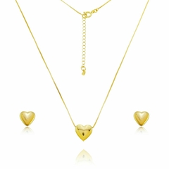 Conjunto Colar E Brinco De Coração Liso Banhado A Ouro 18K