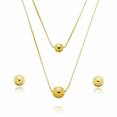 Conjunto Brinco de Bolinha e Colar Duplo De Esfera Dourada
