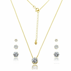 Conjunto Trio De Brinco E Colar Ponto De Luz Banhado A Ouro