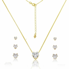 Conjunto Colar e Trio Brincos Ponto de Luz Coração Folheado