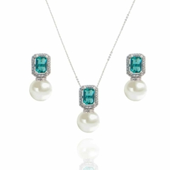 Conjunto Colar e Brinco Perola Com Pedra Turmalina Cravejado