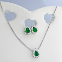 Conjunto Colar e Brinco Gota Esmeralda Banhado a Ouro Branco - ZIARO 