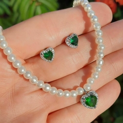 Conjunto Colar Pérola, Pingente E Brinco Coração Esmeralda - ZIARO 