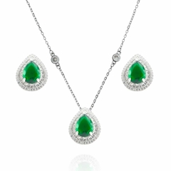 Conjunto Colar E Brincos Gota Com Pedra Verde Esmeralda