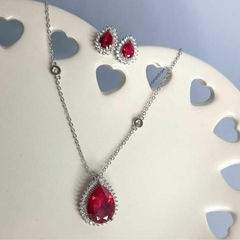 Conjunto Colar Brinco Gota Vermelho Rubi Banhado Ouro Branco na internet