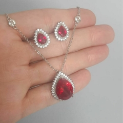 Conjunto Colar Brinco Gota Vermelho Rubi Banhado Ouro Branco - loja online