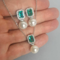 Conjunto Colar e Brinco Perola Com Pedra Turmalina Cravejado na internet