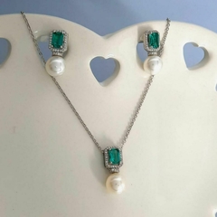 Conjunto Colar e Brinco Perola Com Pedra Turmalina Cravejado - loja online