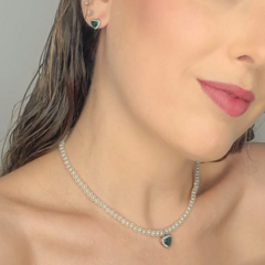 Conjunto Colar Pérola, Pingente E Brinco Coração Esmeralda na internet