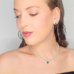 Conjunto Colar Pérola, Pingente E Brinco Coração Esmeralda - loja online