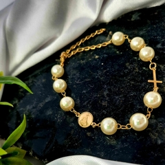Pulseira Feminina da Nossa Senhora Bracelete Cruz E Pérolas - comprar online