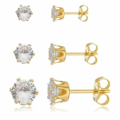 Trio De Brincos Ponto Luz 1 2 3 Furos Banhado A Ouro 18k