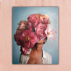 Quadro Decorativo Mulher Flor Rosa Fundo Azul