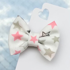 Laço gravatinha de tecido(5cm) Estrelas Rosa Cinza