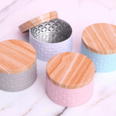 Mini Caja De Hojalata Vacía Redonda Con Tapa SIMIL Madera CELESTE