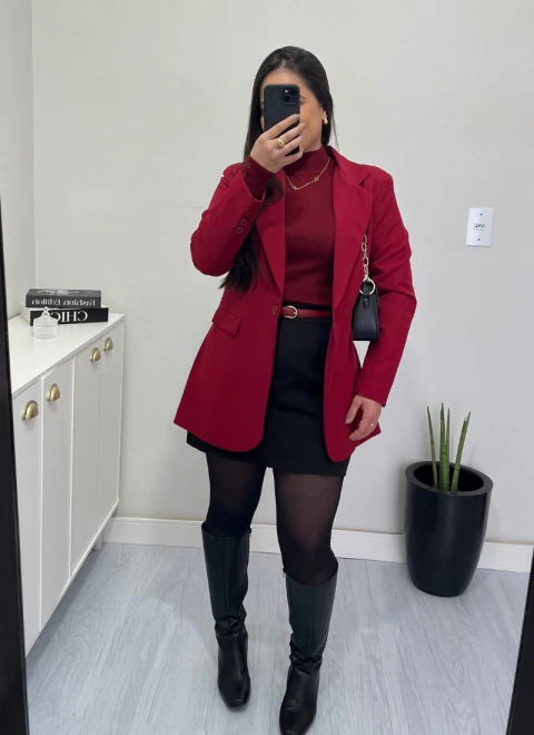 Máxi Blazer Milano Alongado em Alfaiataria Vinho