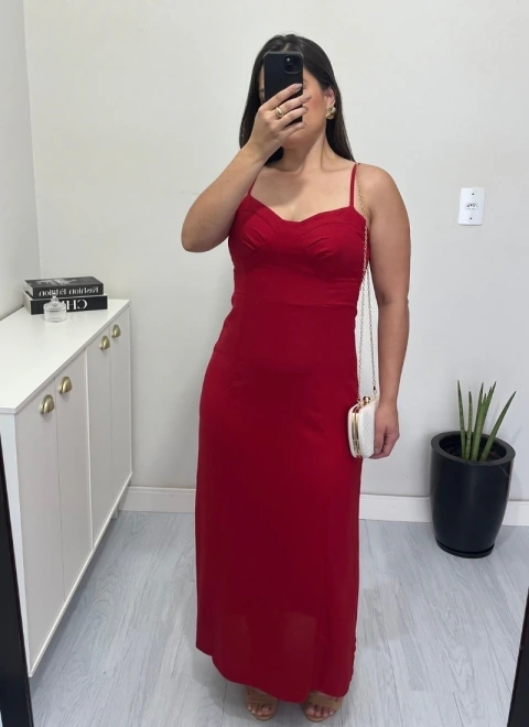 Vestido Celine Longuete Drapeado Busto Alças Finas Abertura Lateral Vermelho