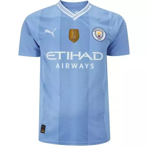 Camisa Manchester City I 23/24 - Torcedor Puma Masculina - Azul Com Patch Campeão Mundial de Clubes 2023