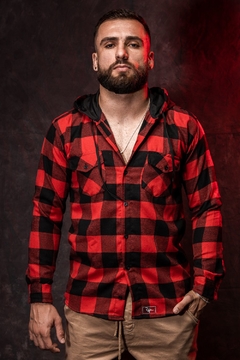 FLANNELED LONG SLEEVE SHIRT WITH RED BLACK PLAID HOOD - Estilo Ráfia