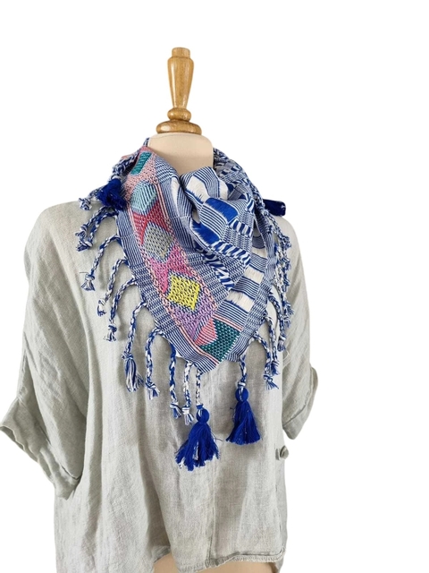 Bufanda/Pashmina Artesanal de Zinacantán - Telar de Cintura, Deshilado y Brocado de Algodón - comprar en línea