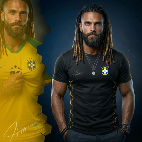 Homem com bigode posando em fundo escuro vestindo Camiseta Premium Fissure The World Cup preta. A peça possui o escudo da CBF, assinatura dourada no peito e detalhes geométricos em colmeia dourada nas laterais.
