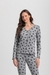 Pijama Manga Longa Aberto Adulto Feminino Mescla Com Estampa De Corações Pretos