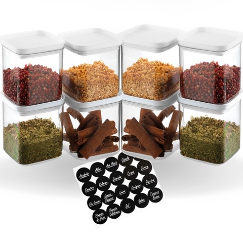 Kit 8 Potes 300ML Herméticos Tampa Branca Empilháveis