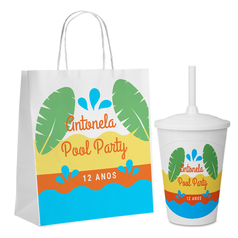 5 Kits Com Sacola Kraft E Copo Pool Party Z