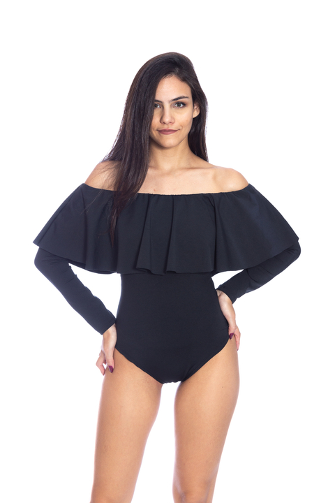 Body Manga Longa Ciganinha Maxi Babado Preto