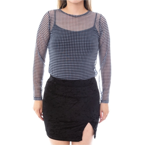 Blusa Gola Careca Manga Longa Tule Pied de Poule Feminino Preto e Branco