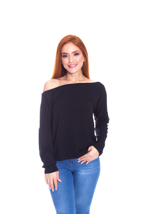 Blusa Manga Longa Gola Canoa Moletinho Feminino Preto