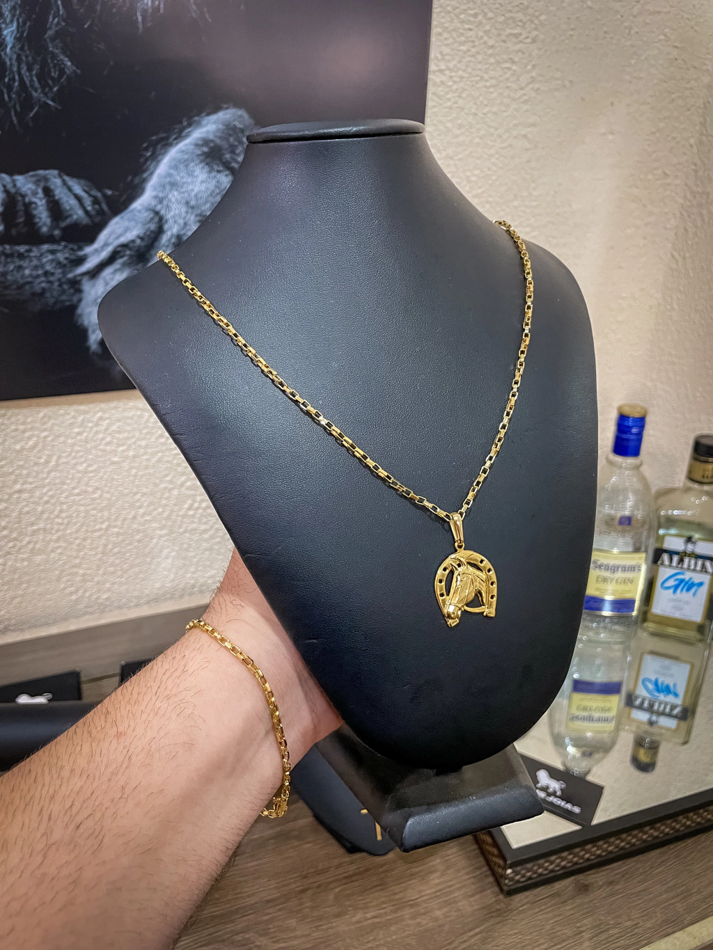Kit Corrente Tijolinho 3MM + Pingente Cavalo +Pulseira Banho Ouro 18K - FRETE GRÁTIS