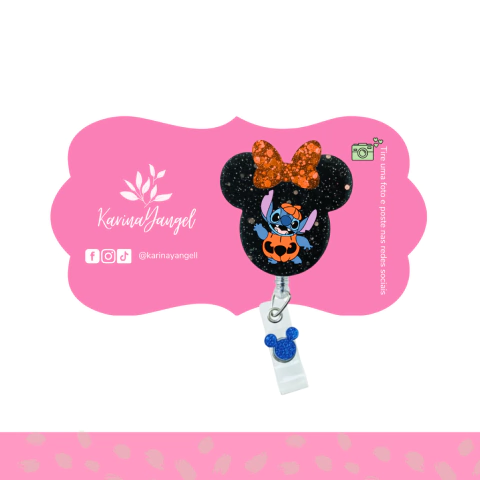 Porta Crachá Stitch – Feito à Mão em Resina com Muito Brilho Roller Clip Button - Karina Yangel Personalizado em Resina – Peças Artesanais e Exclusivas