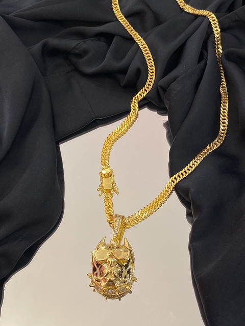 Cordão Grumet 5mm Com Pingente Pit Bull Luxo Banhado A Ouro